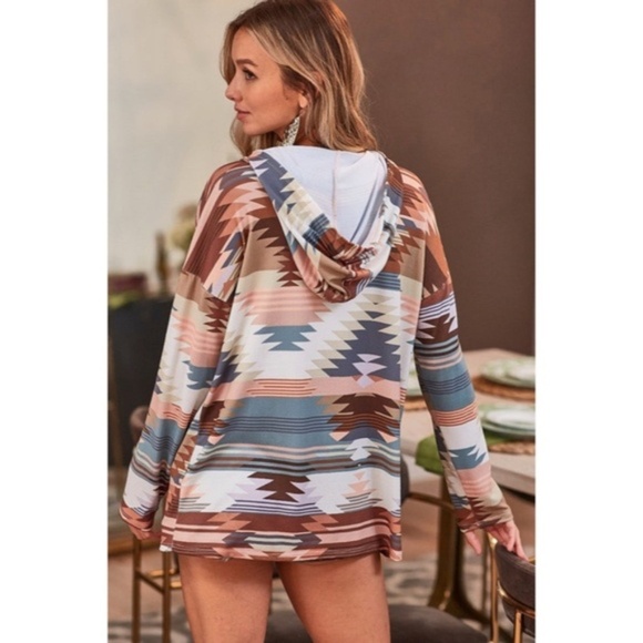 Nude Teal Western Bohemian Aztec Tribal Brushed Knit Long Sleeve Hooded Top - Picture 2 of 3